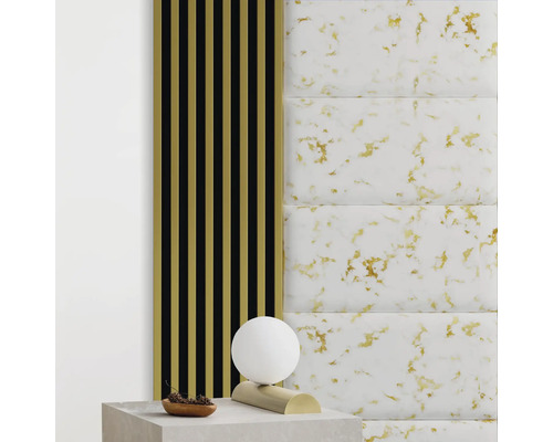 Wandkissen Carrara Marmor gold Samt-Optik 30 x 60 cm Dekorative Wandpaneele mit Holzstreifen und Marmoroptik