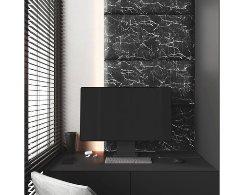 Wandkissen Carrara Marmor schw.Samt-Optik 30 x 60 cm Arbeitszimmer mit Schreibtisch, Computer und Wandpaneelen in Marmoroptik