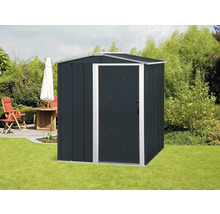 Metall Gerätehaus mit Tür im Garten.