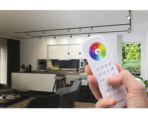 Modernes Wohnzimmer mit Schienensystemleuchten und einer Fernbedienung zur Steuerung der Beleuchtung.