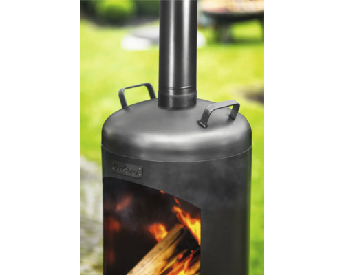 Braséro de terrasse en métal avec feu de bois et conduit de fumée