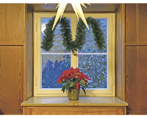 Vue de fenêtre décorée avec étoile de Noël, guirlande et poinsettia.