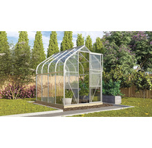 Serre dans le jardin avec porte ouverte.