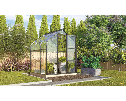 Serre en verre et métal dans le jardin avec des plantes