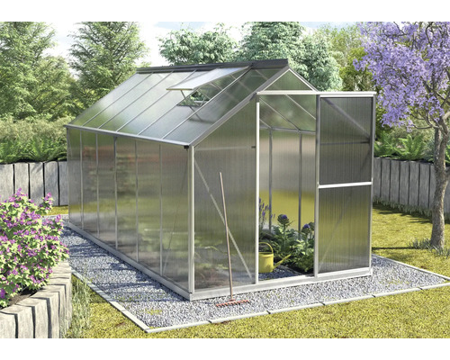 Serre avec porte ouverte et lucarne dans un jardin.