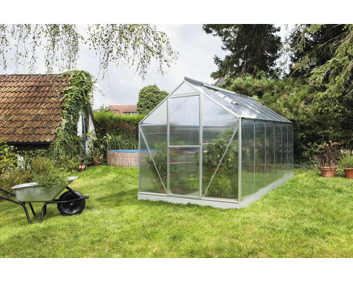 Serre de jardin avec plantes et brouette.