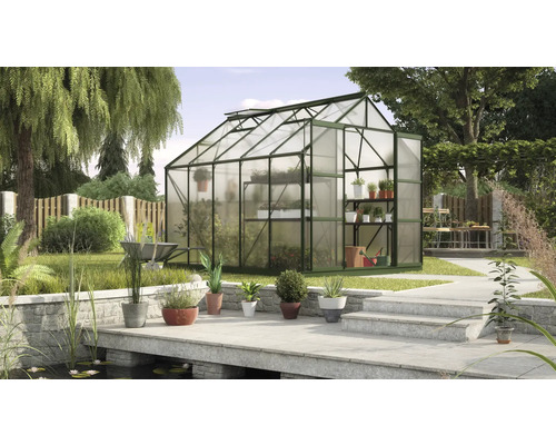 Gewächshaus im Garten mit Pflanzen und Gartengeräten.