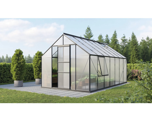 Gewächshaus Vitavia Meridian 1 11500 Hohlkammerplatten 4 mm 257x445 cm schwarz Gewächshaus im Garten mit geöffneten Fenstern und Tür.