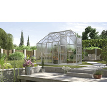 Gewächshaus im Garten mit Pflanzen und Gartenmöbeln