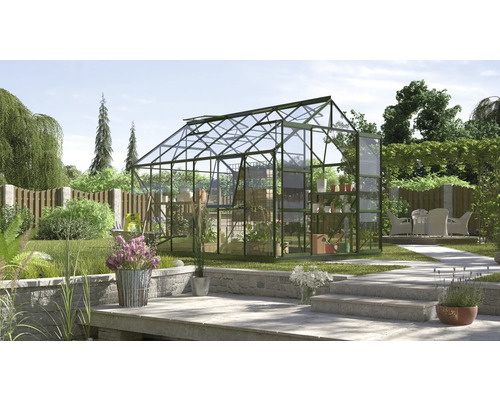 Gewächshaus Vitavia Jupiter 9900 Einscheibensicherheitsglas 3 mm 257x383 cm smaragd Gewächshaus im Garten mit Pflanzen auf Regalen