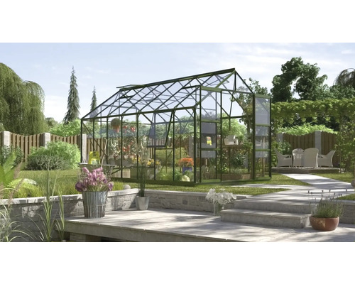 Gewächshaus Vitavia Jupiter 11500 Einscheibensicherheitsglas 3 mm 257x445 cm smaragd Gewächshaus im Garten mit Pflanzen und Blumen