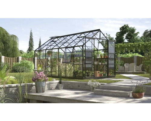Gewächshaus Vitavia Jupiter 11500 Einscheibensicherheitsglas 3 mm 257x445 cm schwarz Gewächshaus mit Pflanzen und Gartenzubehör im Aussenbereich