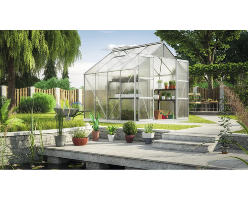 Gewächshaus im Garten mit Pflanzen und Gartenzubehör.