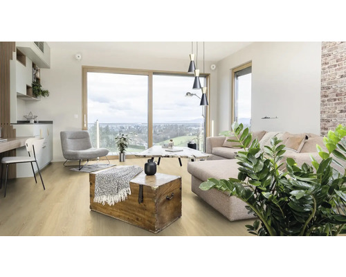 Heller Wohnraum mit Sofa, Sessel, Holztruhe und Holzboden