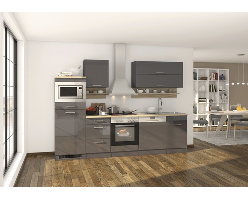 Held Möbel Küchenzeile mit Geräten Mailand 280 cm Frontfarbe grau hochglanz Korpusfarbe graphit zerlegt