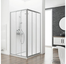 Salle de bains avec cabine de douche, lavabo et miroir