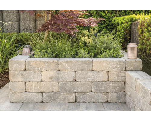 Jardinière surélevée en blocs de béton dans un jardin avec des plantes