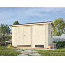 Abri de jardin en bois avec double porte et fenêtre dans le jardin