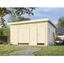 Holzgartenhaus mit Doppeltür und Seitentür im Garten