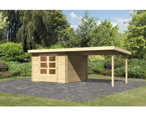 Chalet de jardin en madriers Karibu Noorvik 5 avec toit en appentis 3 m 579 x 297 cm naturel