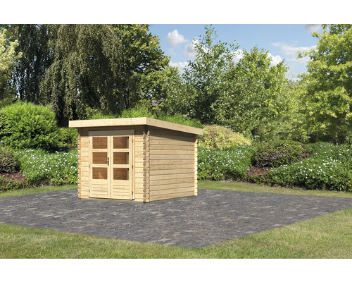 Abri de jardin en madriers Karibu Noorvik 4 237x297 cm naturel Abri de jardin en bois avec toit végétalisé et double porte dans le jardin