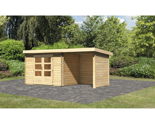 Chalet de jardin en madriers Karibu Noorvik 3 avec toit en appentis 2 m, panneau arrière et paroi latérale 479 x 237 cm naturel