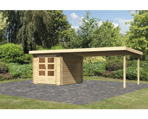 Blockbohlenhaus Karibu Noorvik 4 mit Schleppdach 4 m 654 x 333 cm natur Blockbohlenhaus Karibu Noorvik 4 mit Schleppdach 4 m 654 x 333 cm natur