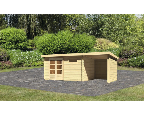 Chalet de jardin en madriers Karibu Noorvik 8 avec toit en appentis 2 m, panneau arrière et paroi latérale 604,5 x 333 cm naturel