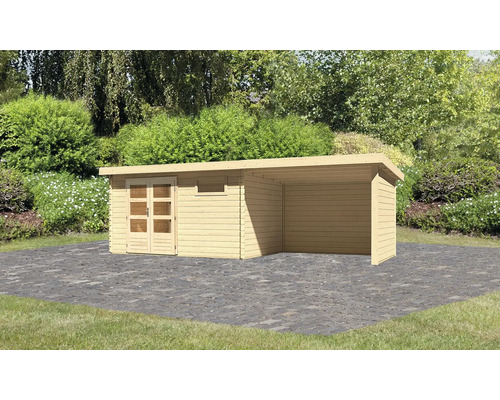 Chalet de jardin en madriers Karibu Noorvik 8 avec toit en appentis 3 m, panneau arrière et paroi latérale 704,5 x 333 cm naturel