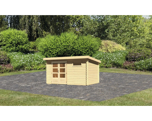 Holzgartenhaus mit Doppeltür und Fenster im Garten