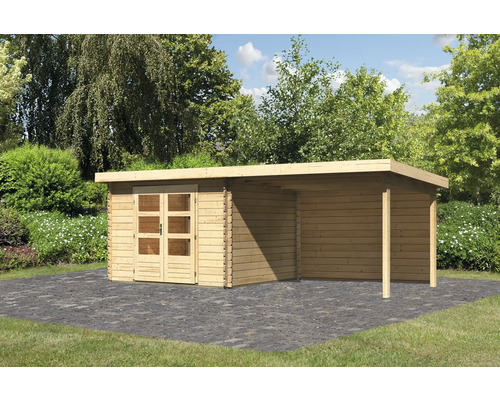 Abri de jardin Karibu Noorvik 5 avec extension de toit de 3 m, panneau arrière 614 x 333 cm naturel