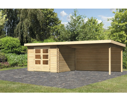 Abri de jardin Karibu Noorvik 5 avec extension de toit de 4 m, panneau arrière 679 x 297 cm naturel