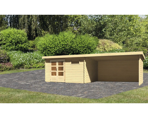 Abri de jardin Karibu Noorvik 8 avec extension de toit de 4 m, panneau arrière et paroi latérale 804,5 x 333 cm naturel