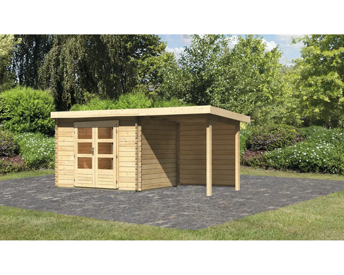 Abri de jardin Karibu Noorvik 3 avec extension de toit de 2 m, panneau arrière 479 x 237 cm naturel