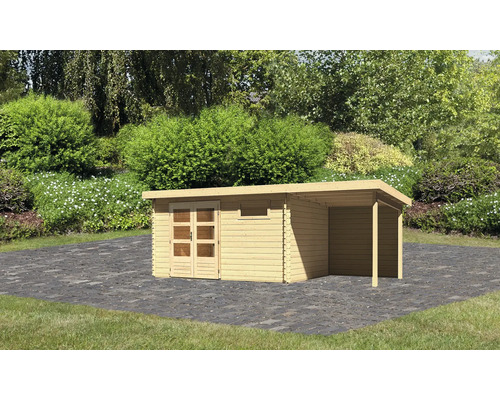 Abri de jardin Karibu Noorvik 8 avec extension de toit de 2 m, panneau arrière 604,5 x 333 cm naturel