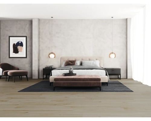 Chambre avec lit double, tables de chevet, tapis et sièges