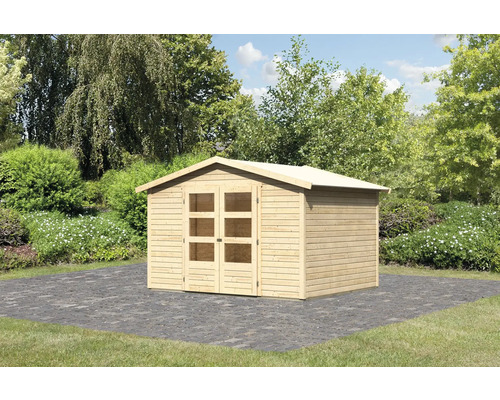 Abri de jardin en bois avec double porte et fenêtres dans le jardin