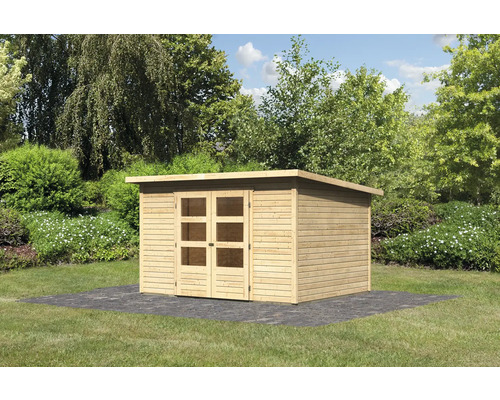 Gartengerätehaus aus Holz mit Doppeltür und Fenstern im Garten