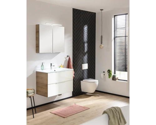 Salle de bains moderne avec meuble-lavabo, armoire de toilette à miroir, WC suspendu et mur d''accent foncé