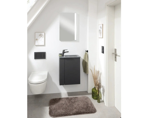 Salle de bain moderne avec toilettes, meuble-lavabo, miroir et tapis de bain.