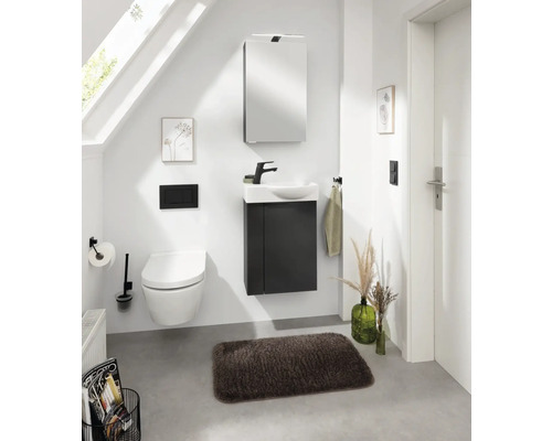 Salle de bains avec WC, meuble sous-lavabo, armoire de toilette et accessoires sous un toit en pente