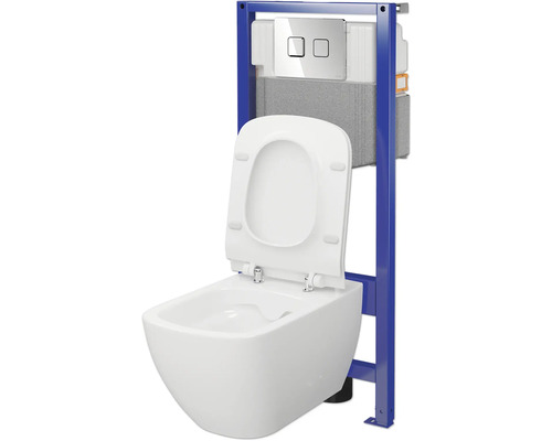 WC suspendu avec plaque de commande et bâti-support