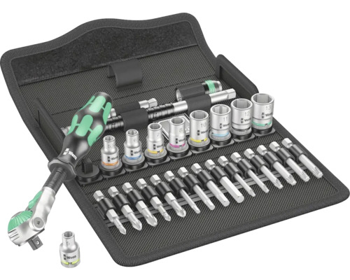 Wera Werkzeugsatz mit Schraubendreher, Steckschlüsseln und Bits in einer schwarzen Tasche