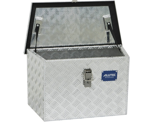 Coffre à outils ouvert en aluminium avec motif de tôle larmée