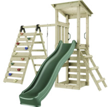 Spieltower aus Holz mit Rutsche, Kletterwand und Schaukel