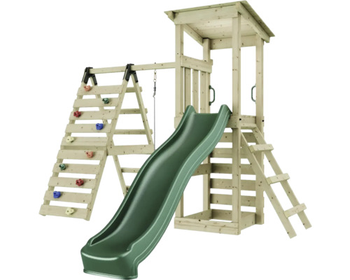 Tour de jeux Rebo Sevilla avec mur d'escalade, poignées d'escalage, toboggan Tour de jeu en bois avec toboggan, mur d''escalade et balançoire