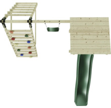 Spielturm mit Kletterwand, Schaukel und Rutsche aus Holz