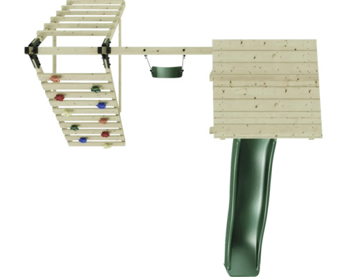 Tour de jeu avec mur d''escalade, balançoire et toboggan en bois