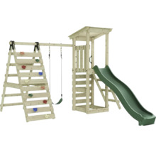 Spielplatz mit Kletterwand, Schaukel und Rutsche aus Holz