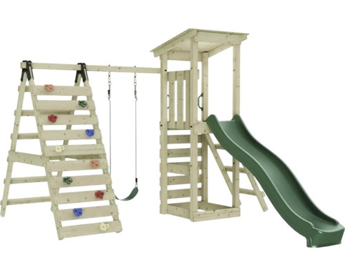 Aire de jeux avec mur d''escalade, balançoire et toboggan en bois